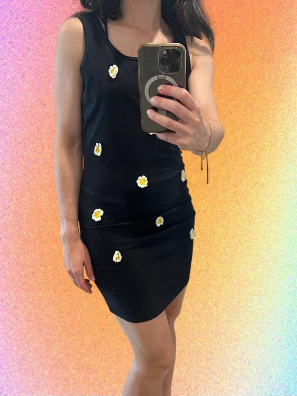 Vintage 1980s Black Daisy Floral Mini Dress Size S